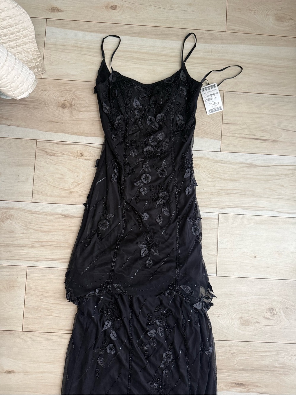 NWT Black Fully Beaded Floral Slip Dress
